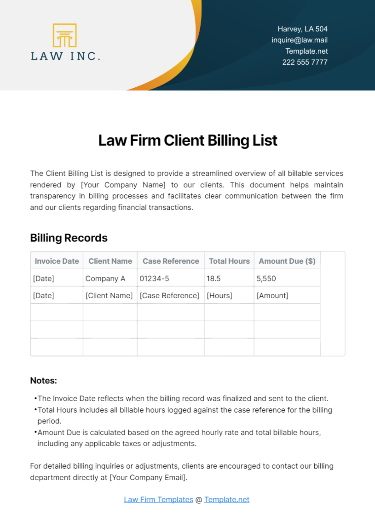 Law Firm Client Billing List Template