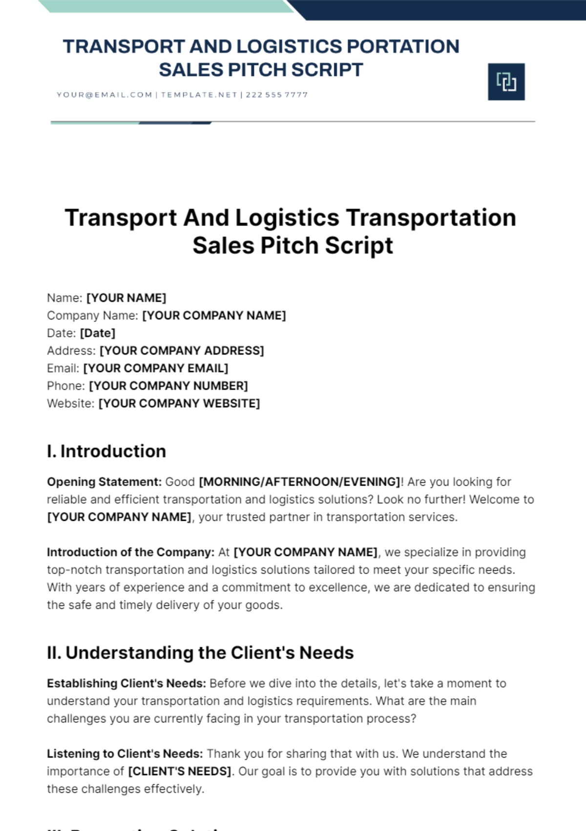 Transport And Logistics Transportation Sales Pitch Script Template