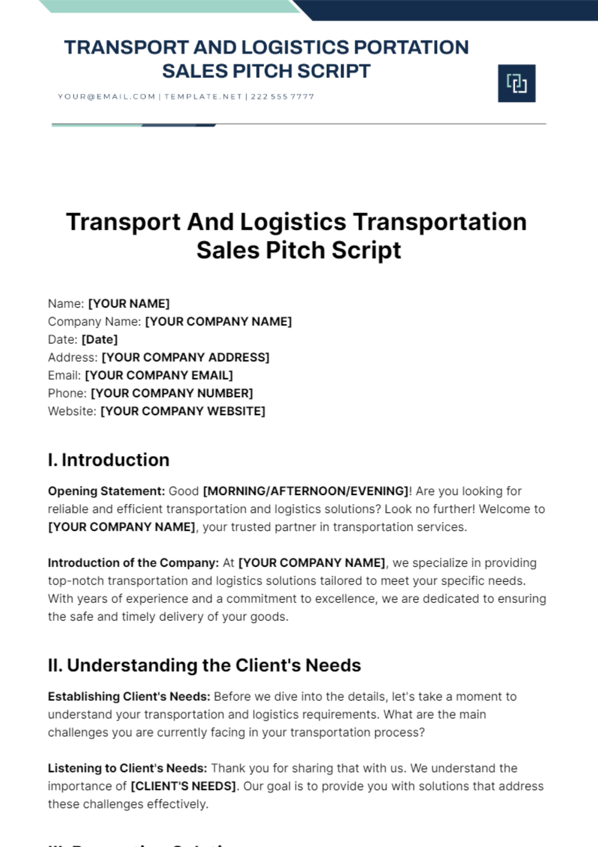 Free Transport And Logistics Transportation Sales Pitch Script Template ...