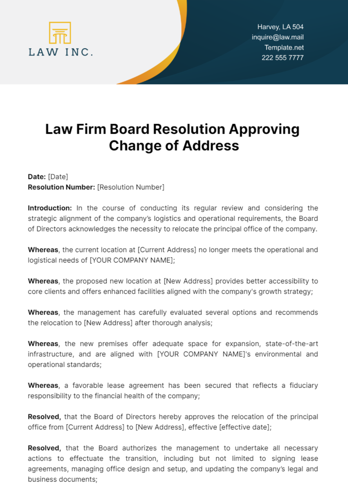 Free Law Firm Board Resolution Approving Change of Address Template