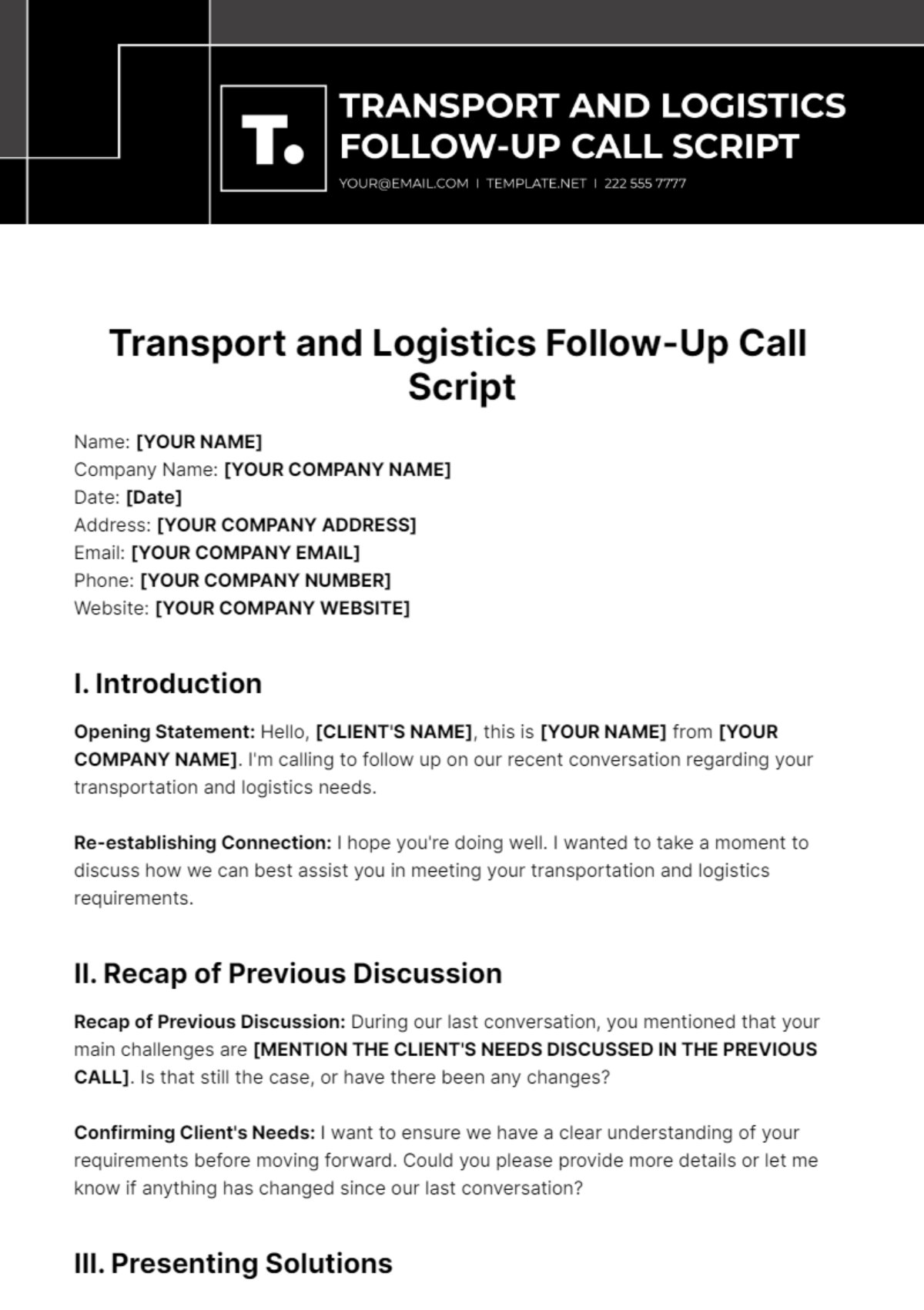 Transport And Logistics Follow-Up Call Script Template