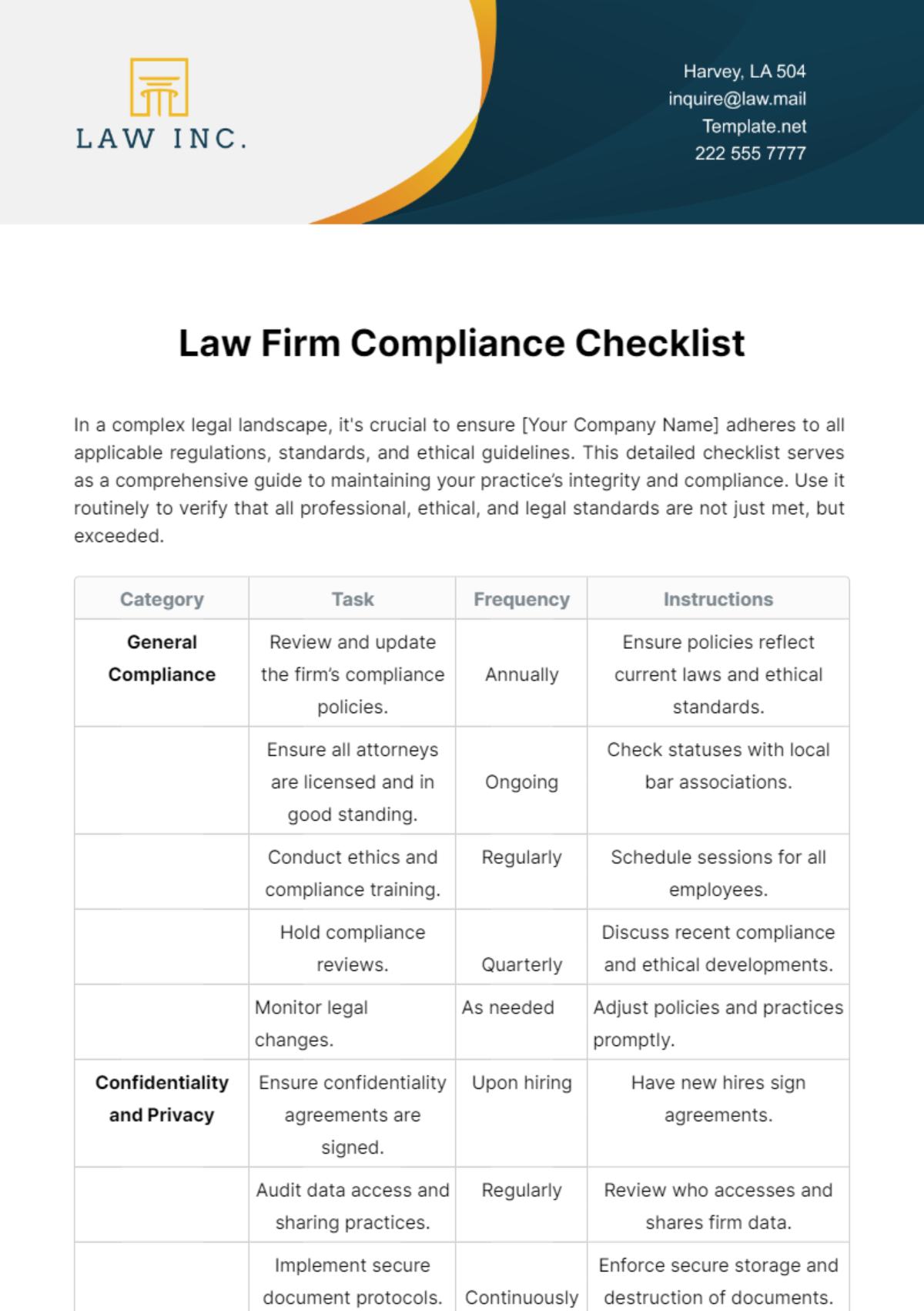 Free Law Firm Compliance Checklist Template