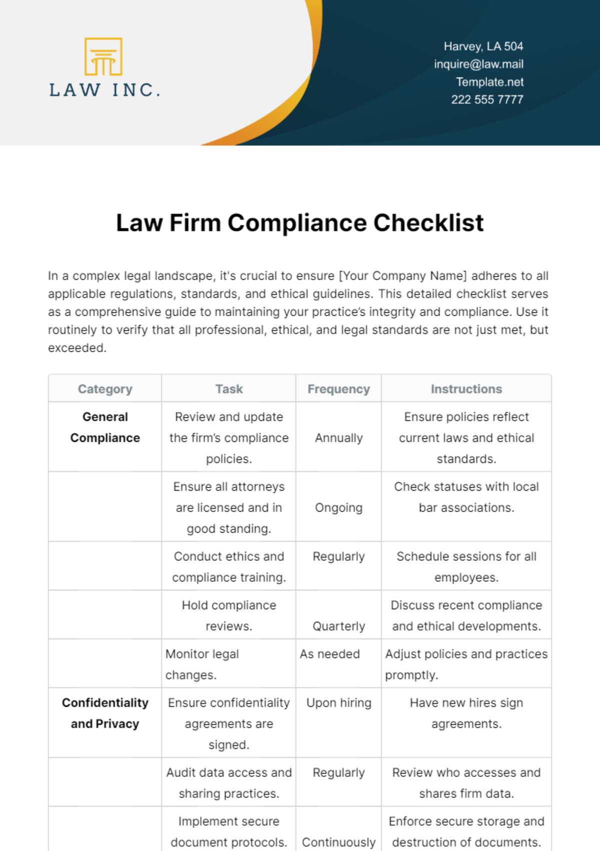 Law Firm Compliance Checklist Template - Edit Online & Download