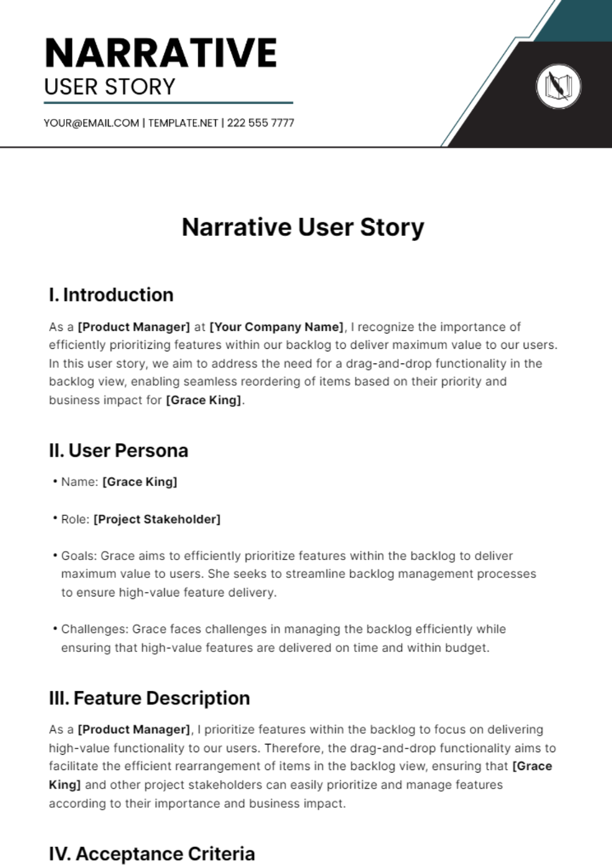 Free Narrative User Story Template