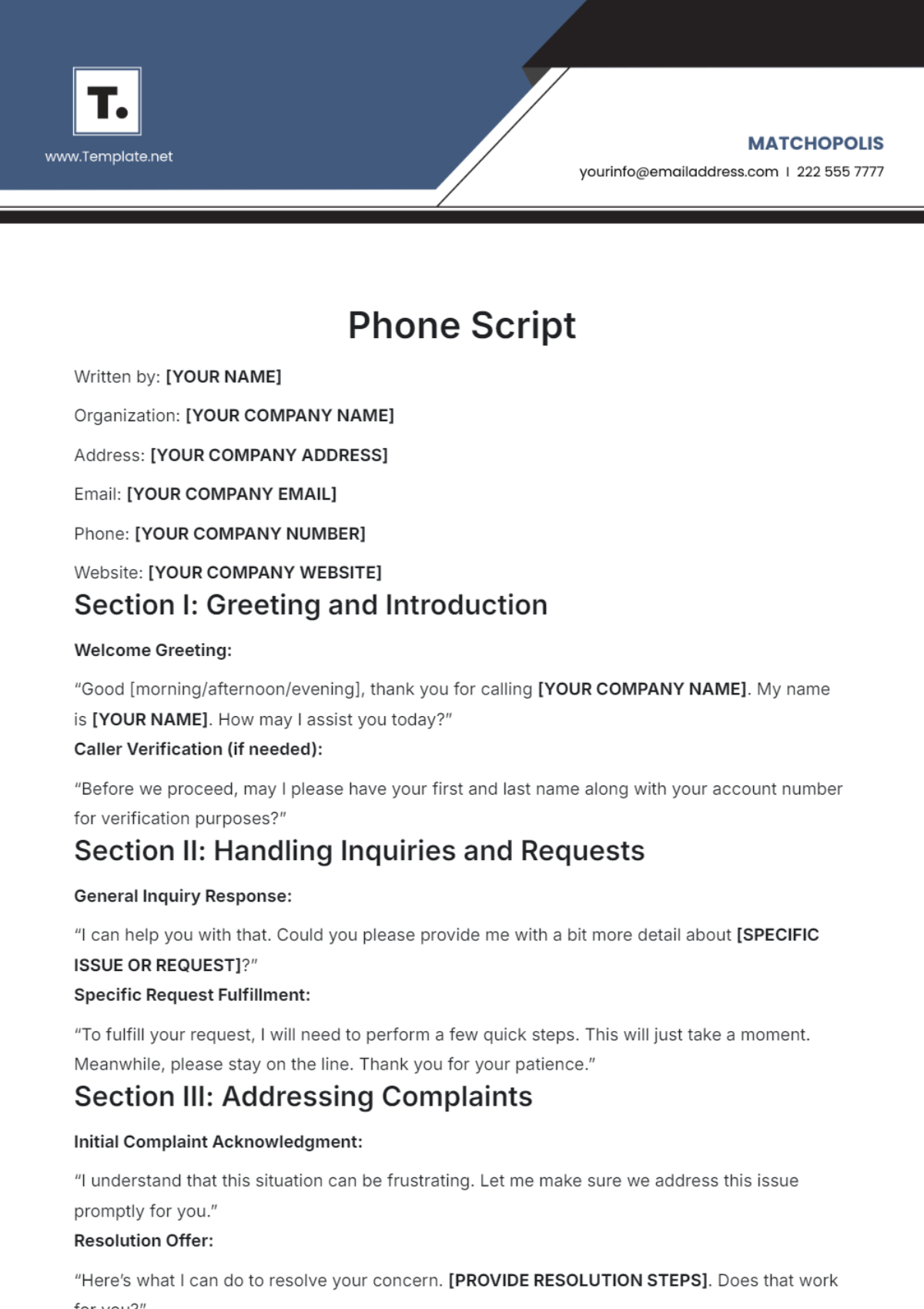 Phone Script Template - Edit Online & Download