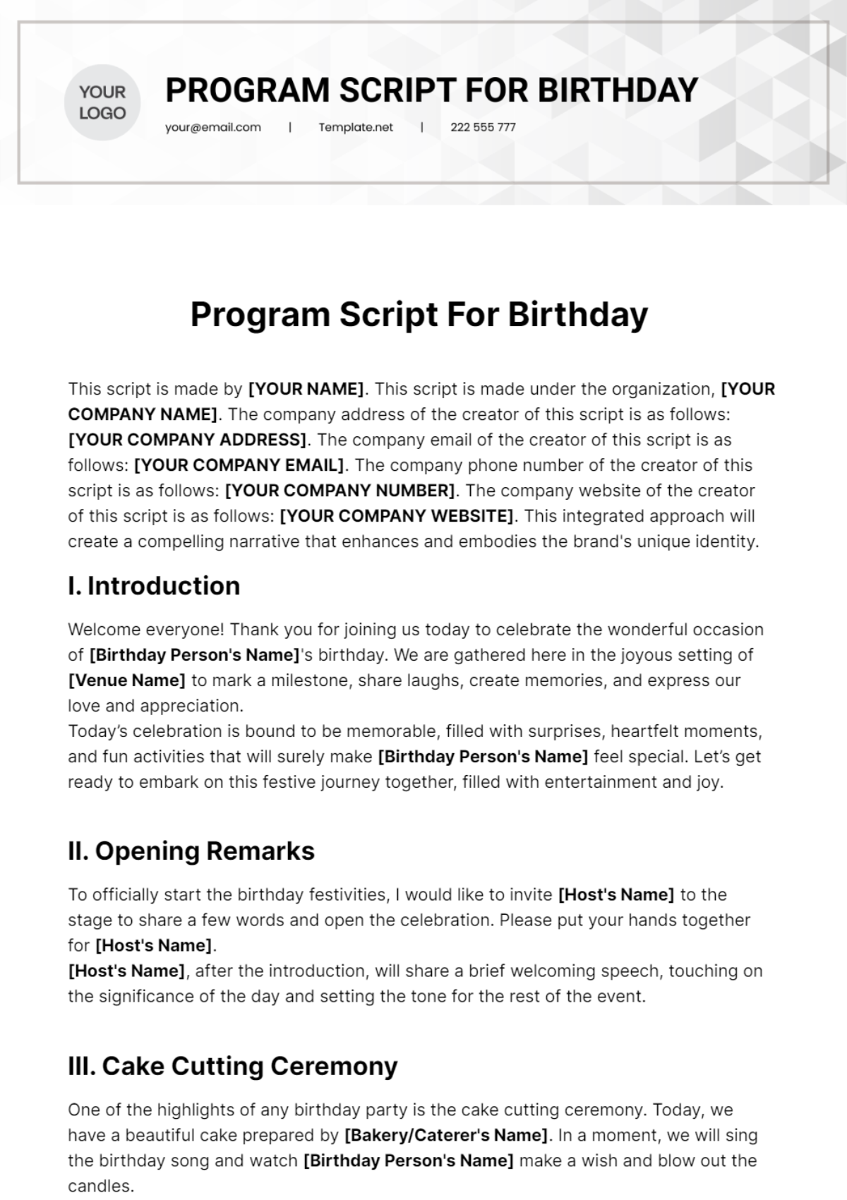 Program Script For Birthday Template