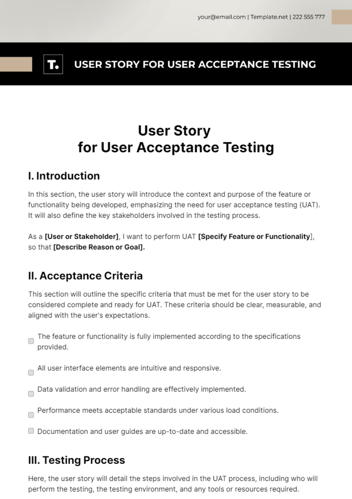 User Story For User Acceptance Testing Template