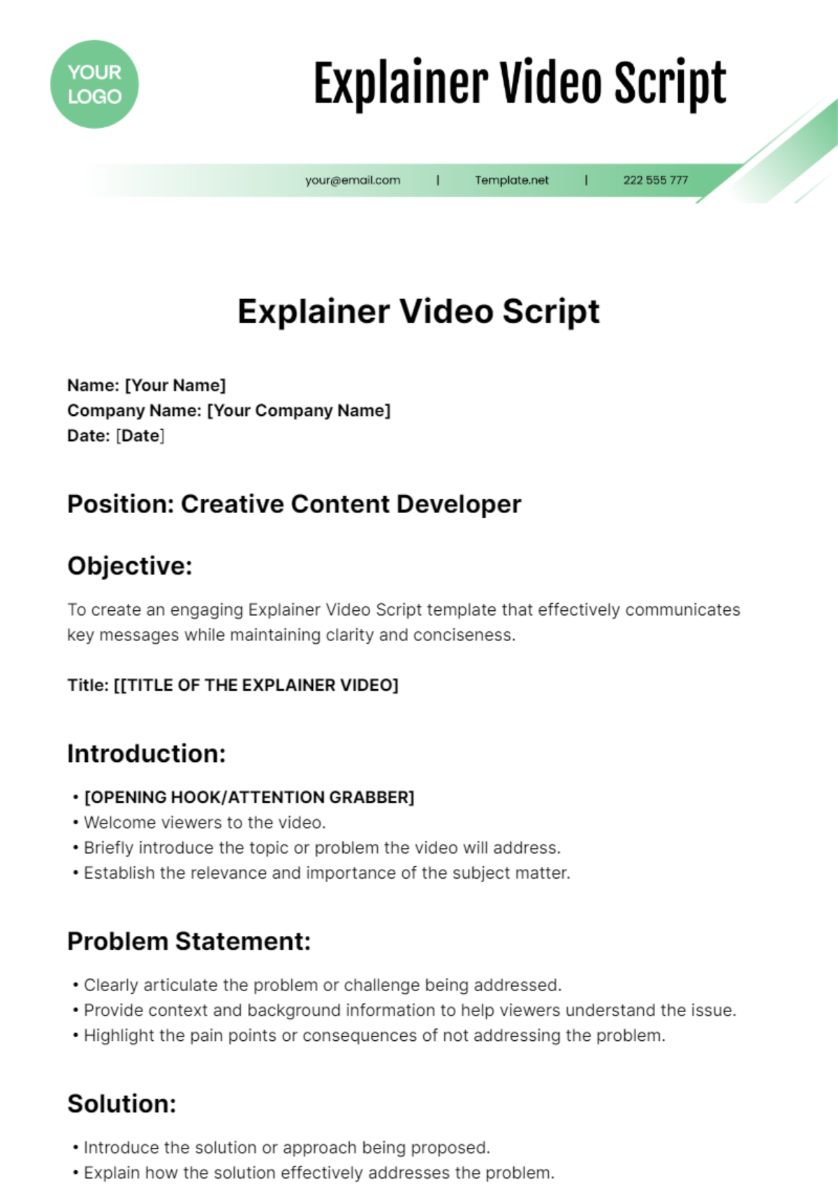Explainer Video Script template