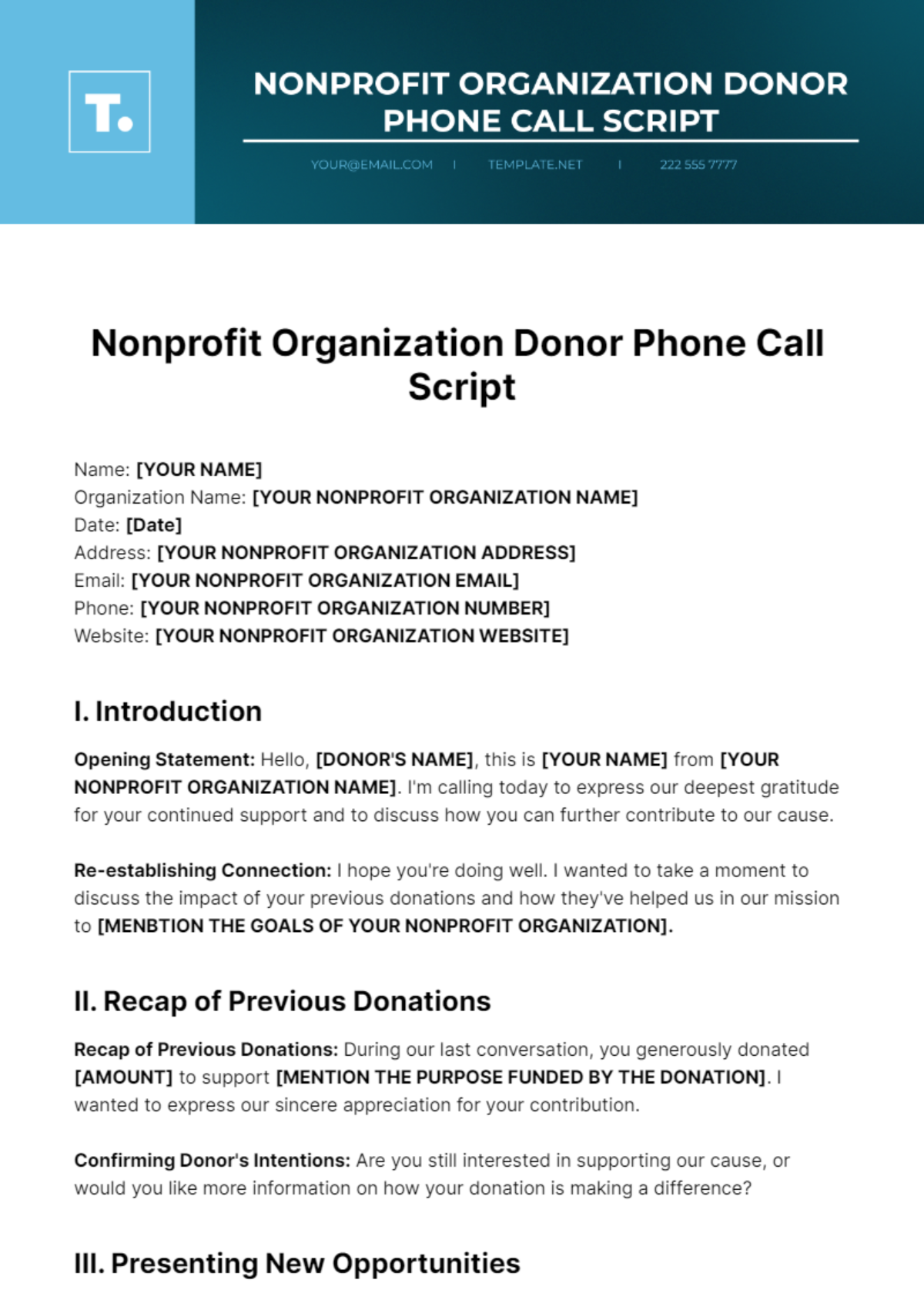 Nonprofit Organization Donor Phone Call Script Template