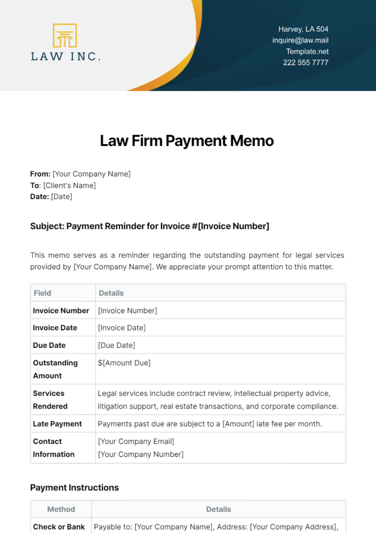 Law Firm Payment Memo Template