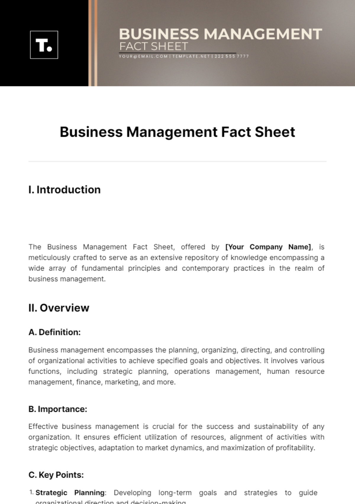 Free Business Management Fact Sheet Template