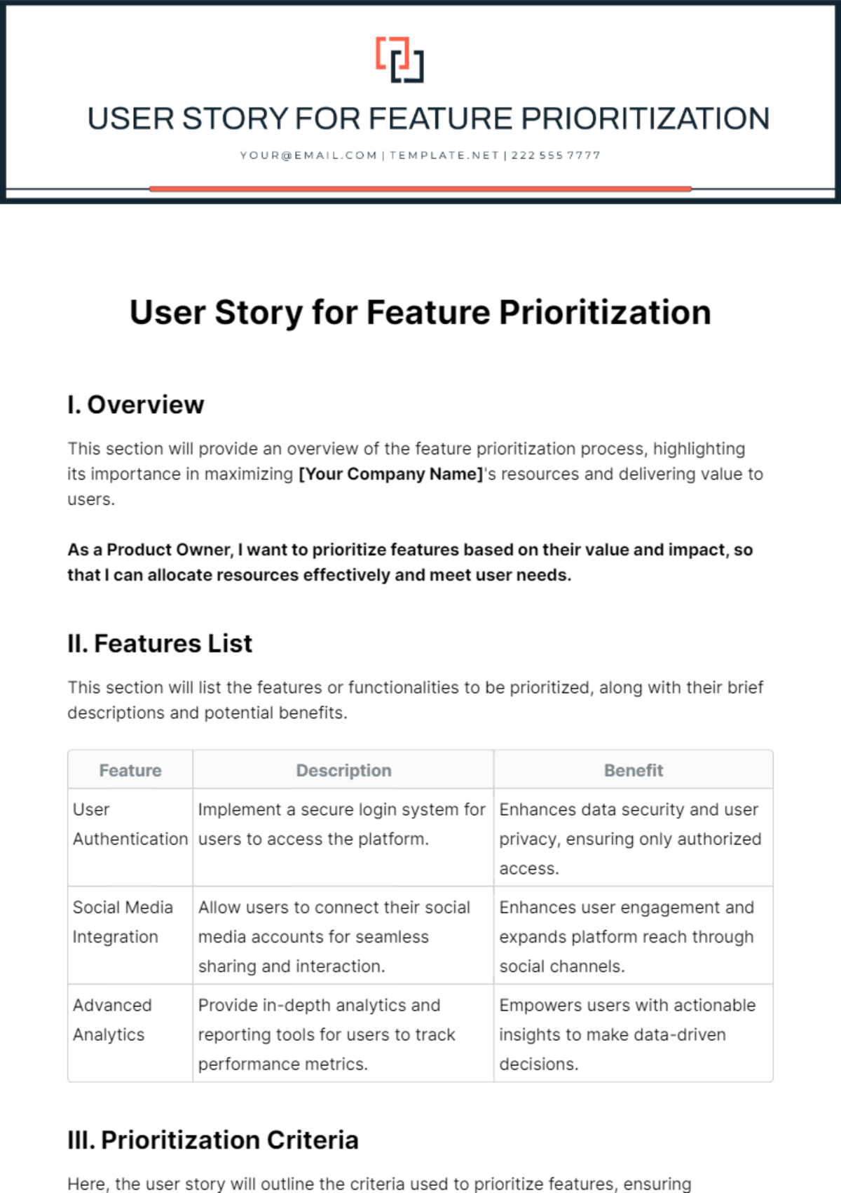 User Story For Feature Prioritization Template