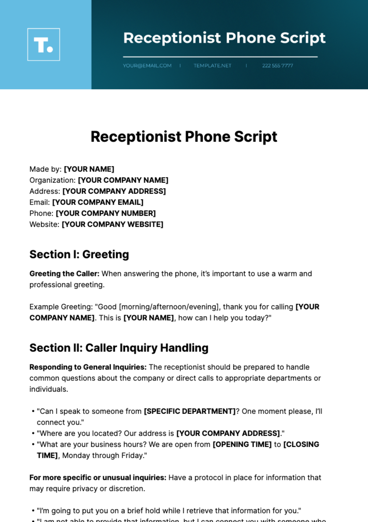 Receptionist Phone Script Template