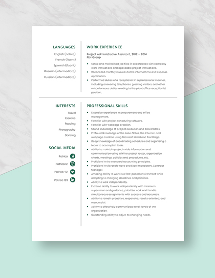 Project Administrative Assistant Resume Template