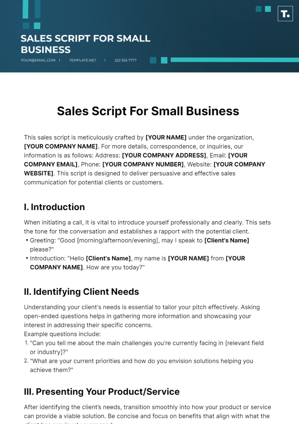 Free Sales Script For Small Business Template