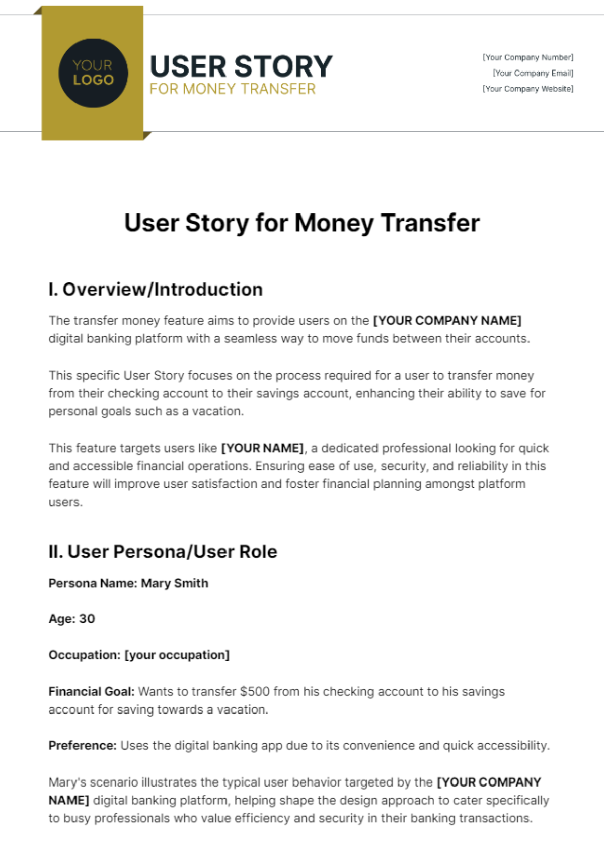 User Story For Transferring Money Template