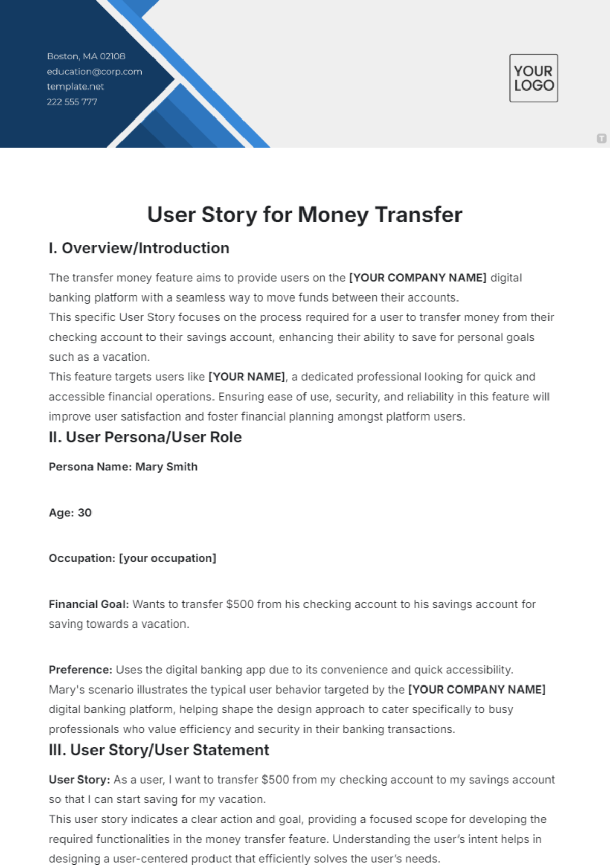 User Story For Transferring Money Template - Edit Online & Download