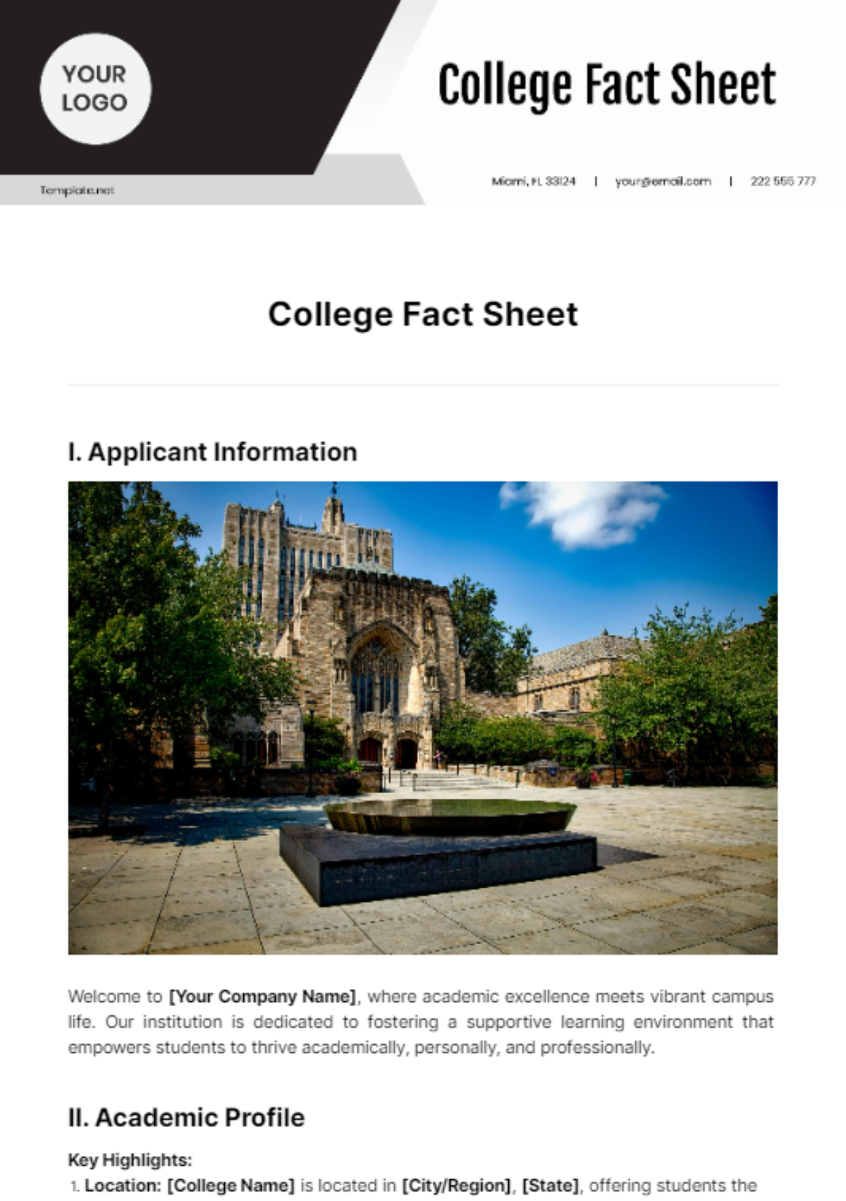 College Fact Sheet Template