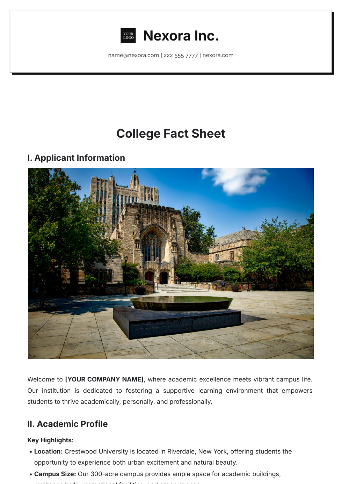 College Fact Sheet Template