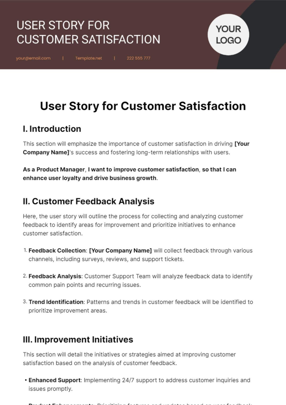 Free User Story For Customer Satisfaction Template