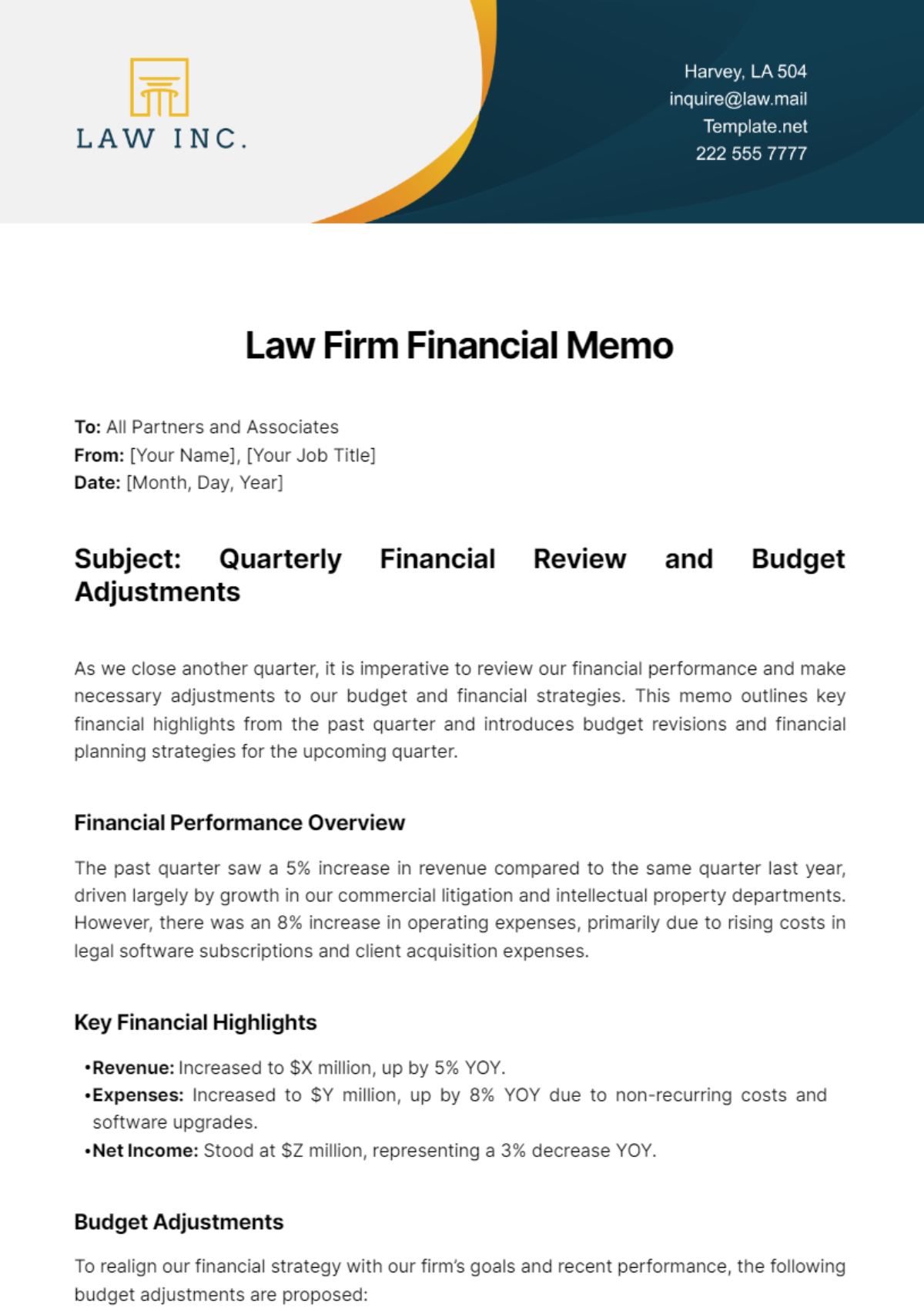 Law Firm Financial Memo Template