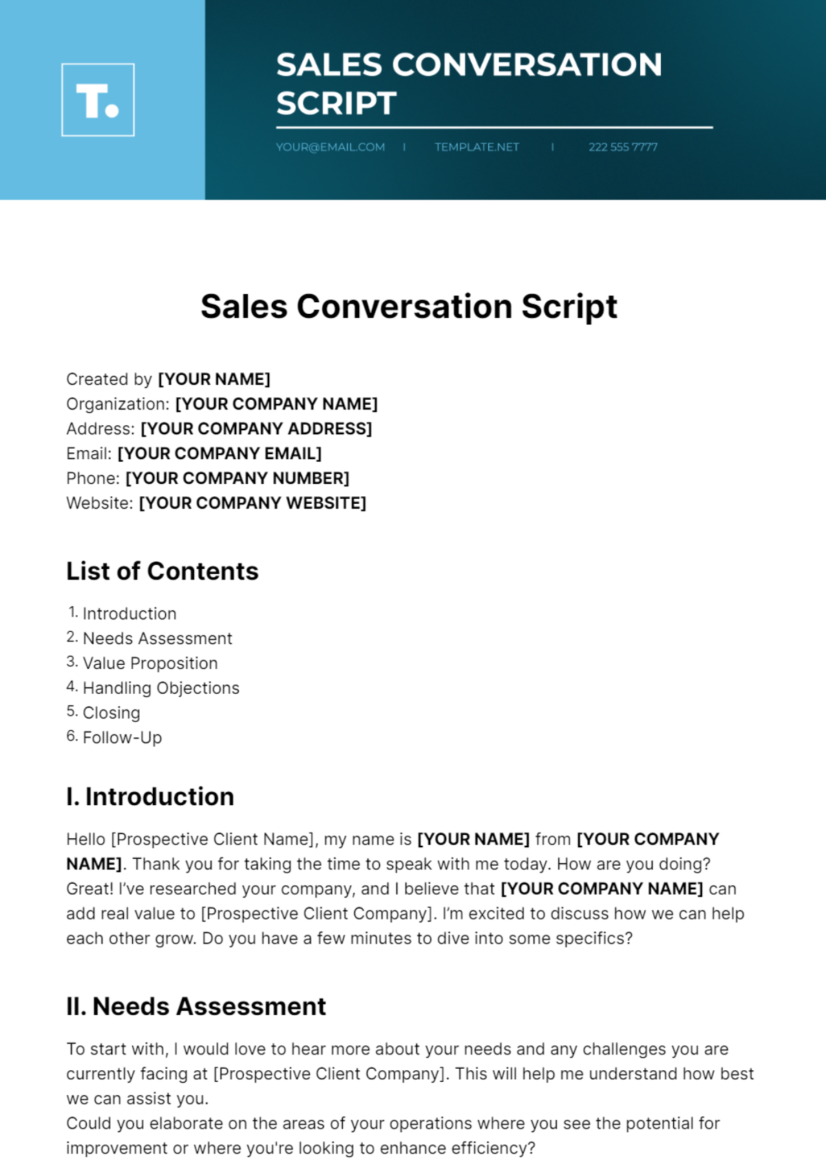 Sales Conversations Script Template - Edit Online & Download Example ...