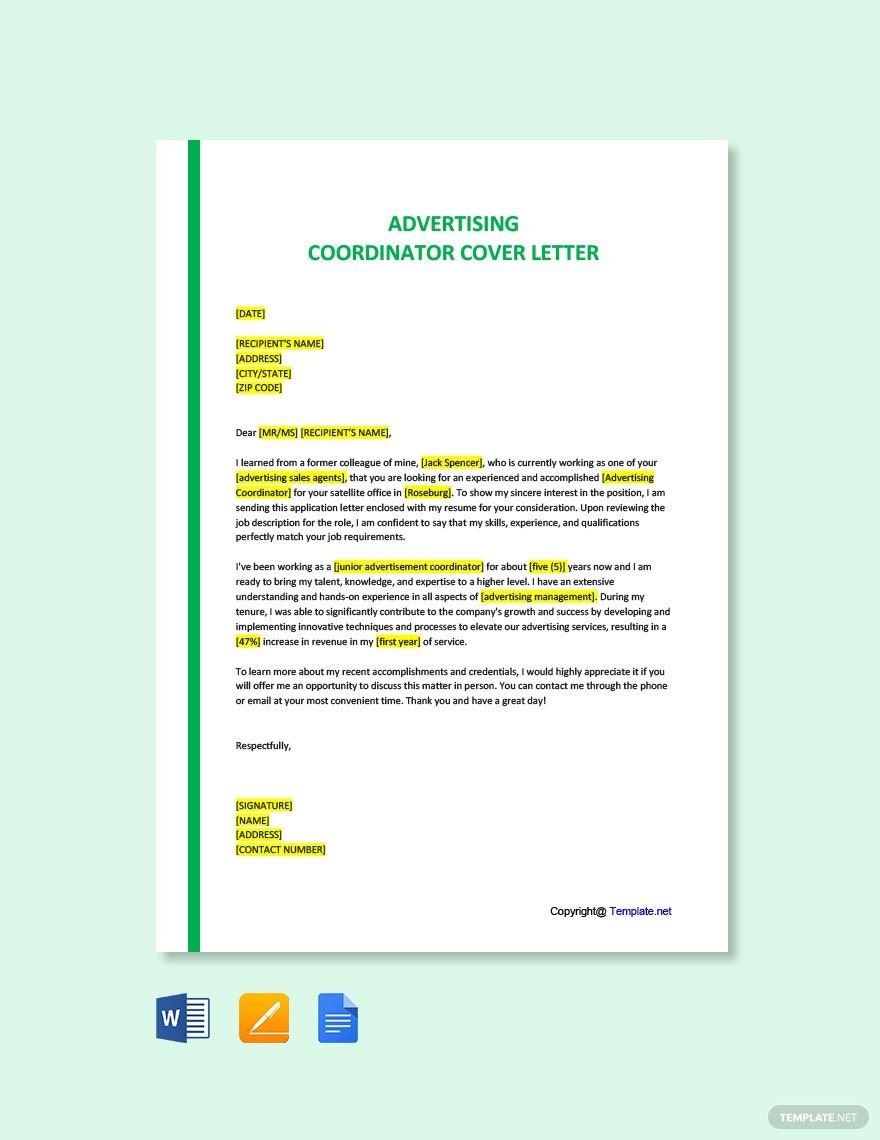 Free Advertising Coordinator Cover Letter Template