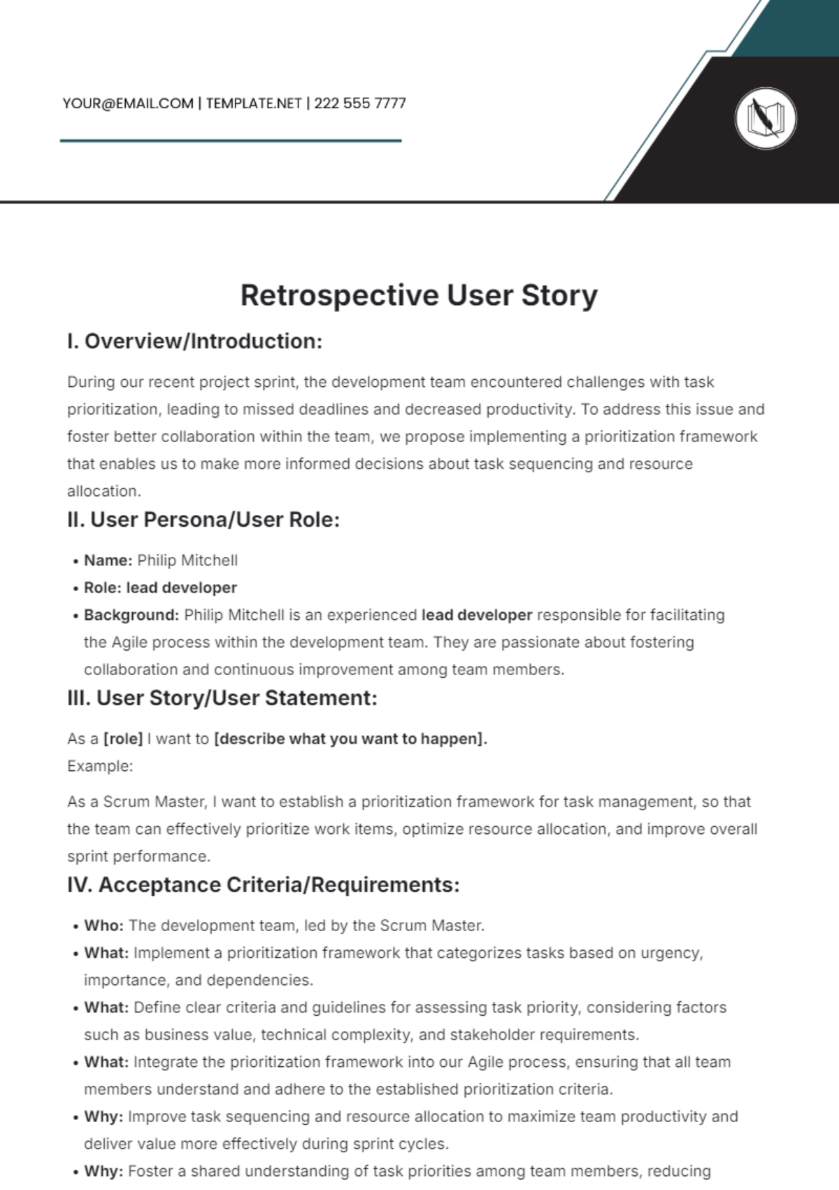 Retrospective User Story Template - Edit Online & Download