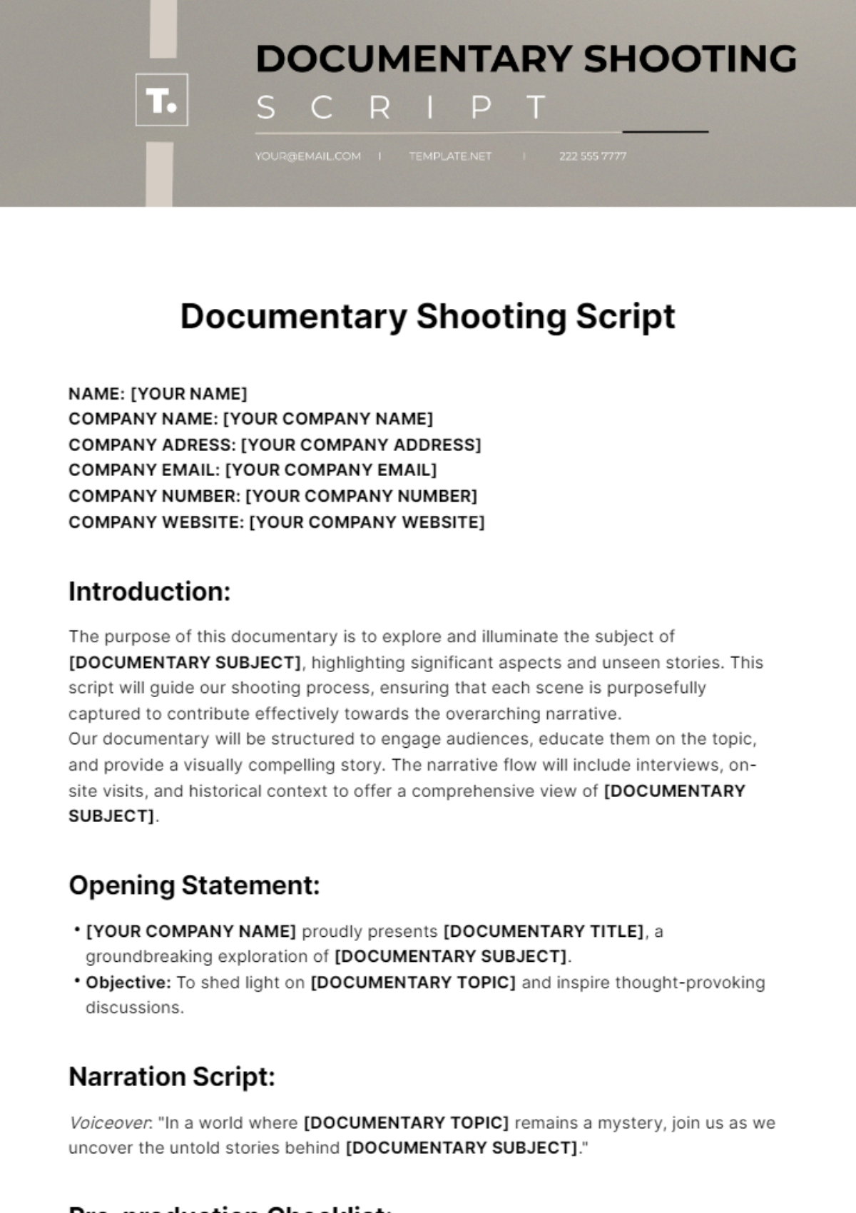 Free Documentary Shooting Script Template