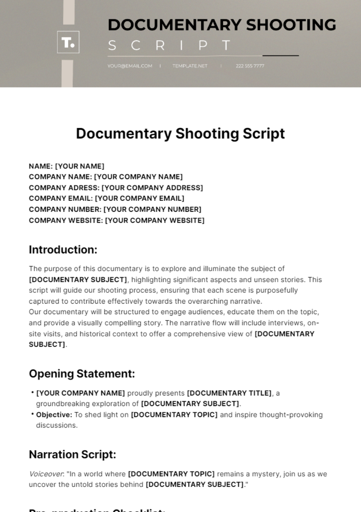 Documentary Shooting Script Template