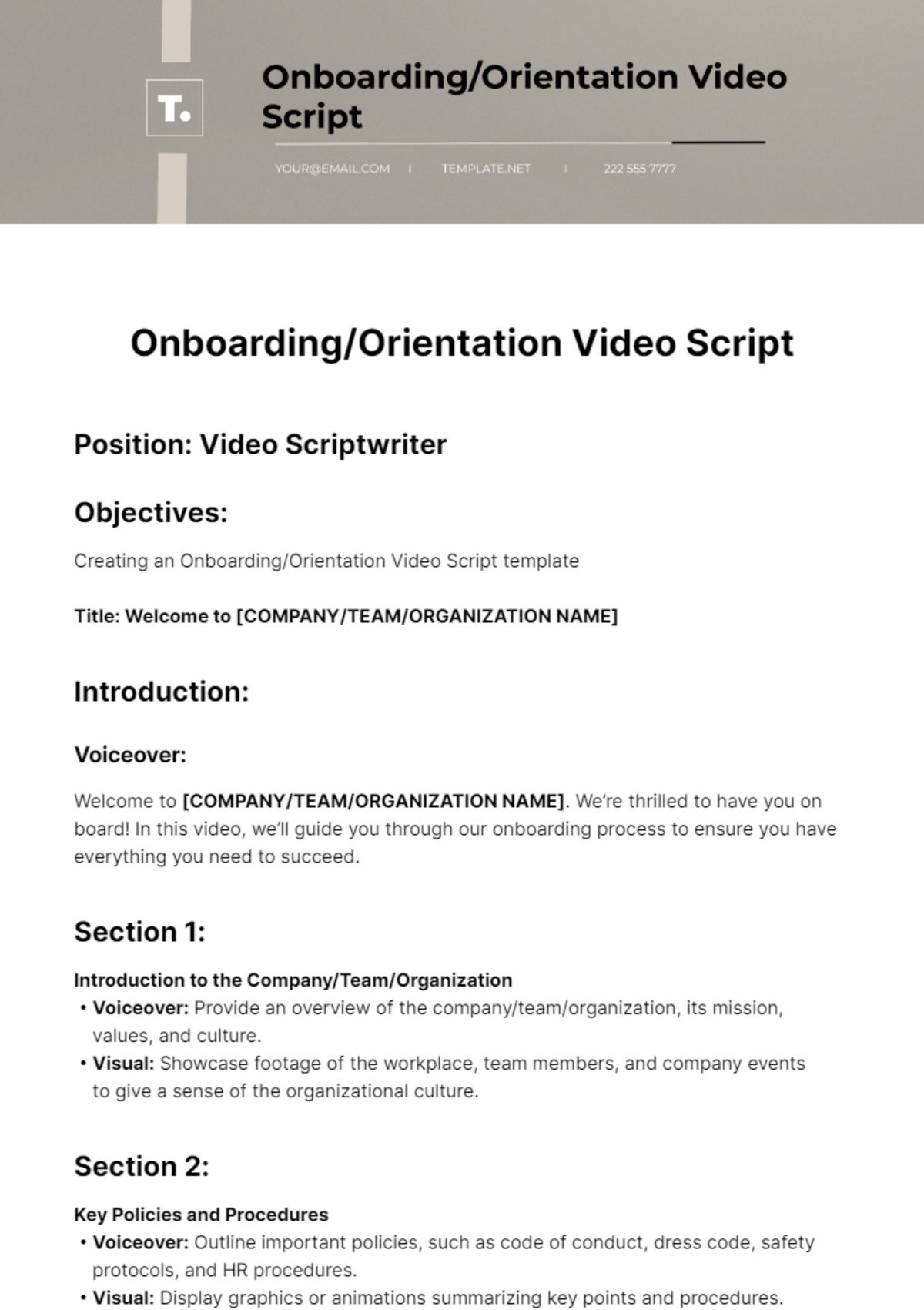 Onboarding/Orientation Video Script template