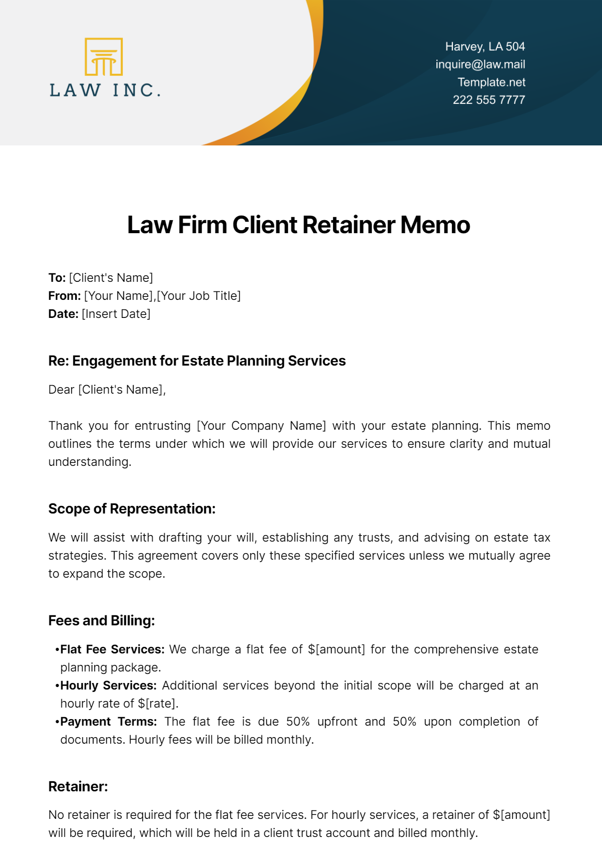 Free Law Firm Client Retainer Memo Template