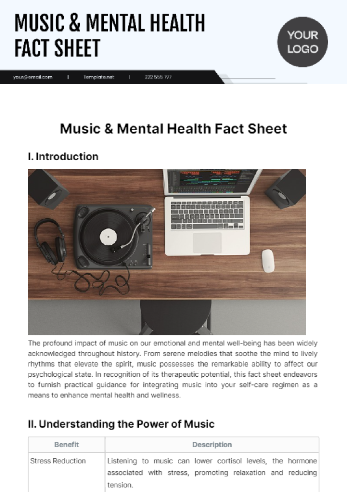 Free Music & Mental Health Fact Sheet Template
