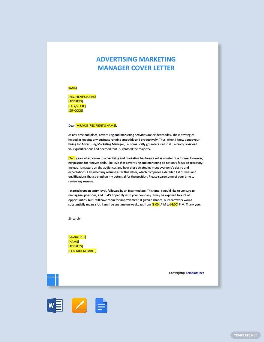 Free Advertising Marketing Manager Cover Letter Template
