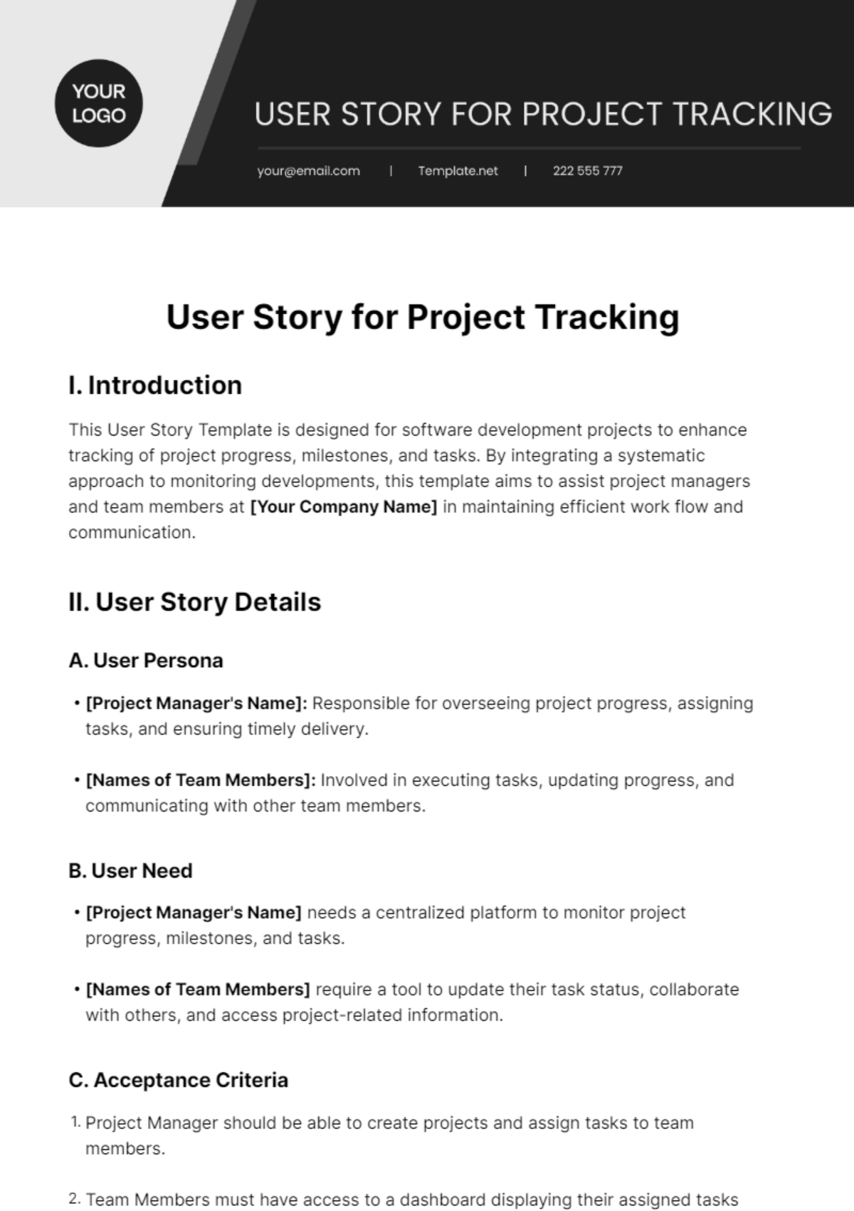 User Story For Project Tracking Template