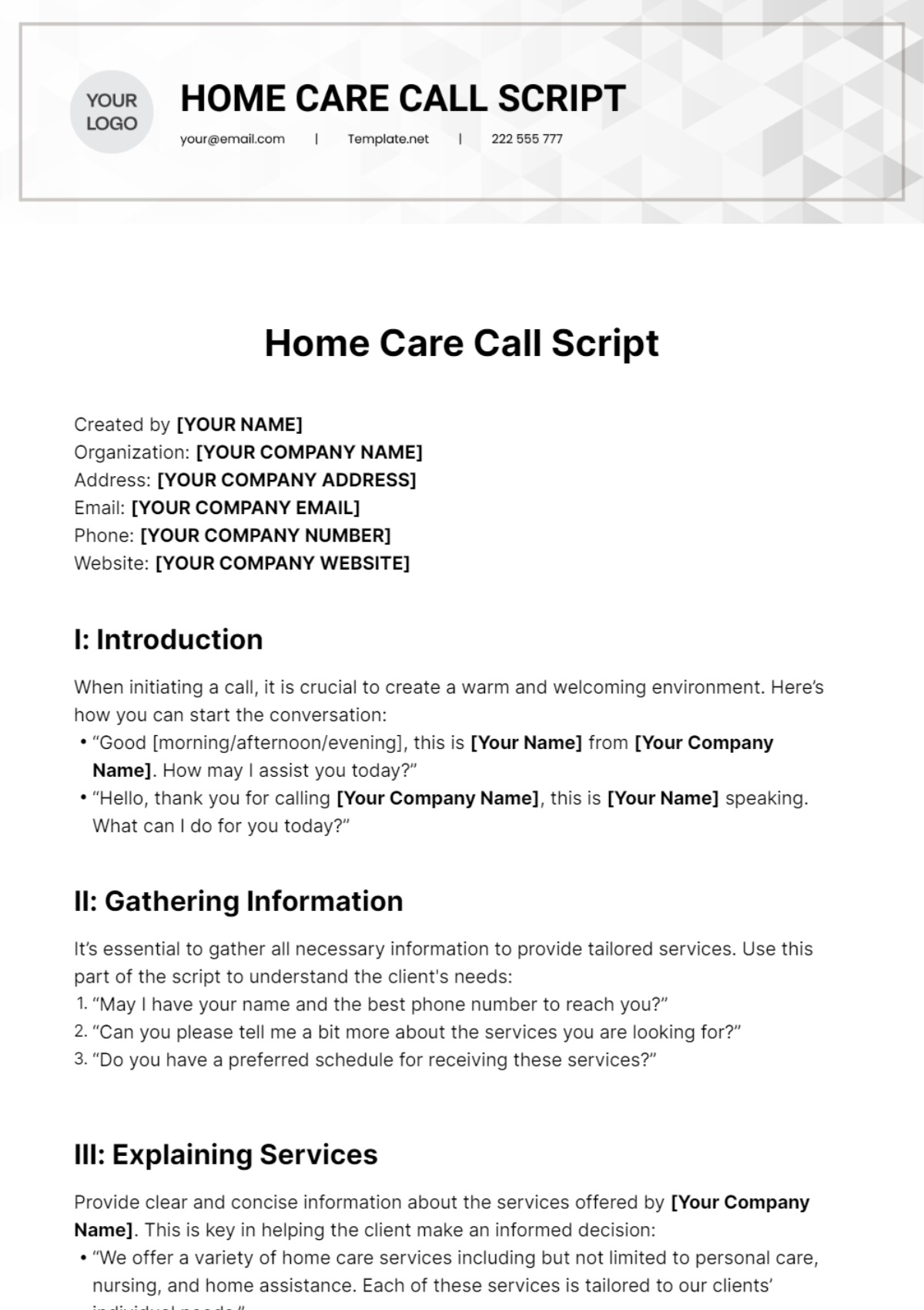 Free Home Care Call Script Template