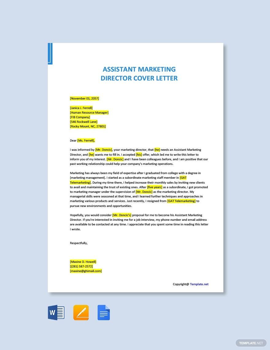 Free Assistant Marketing Director Cover Letter Template