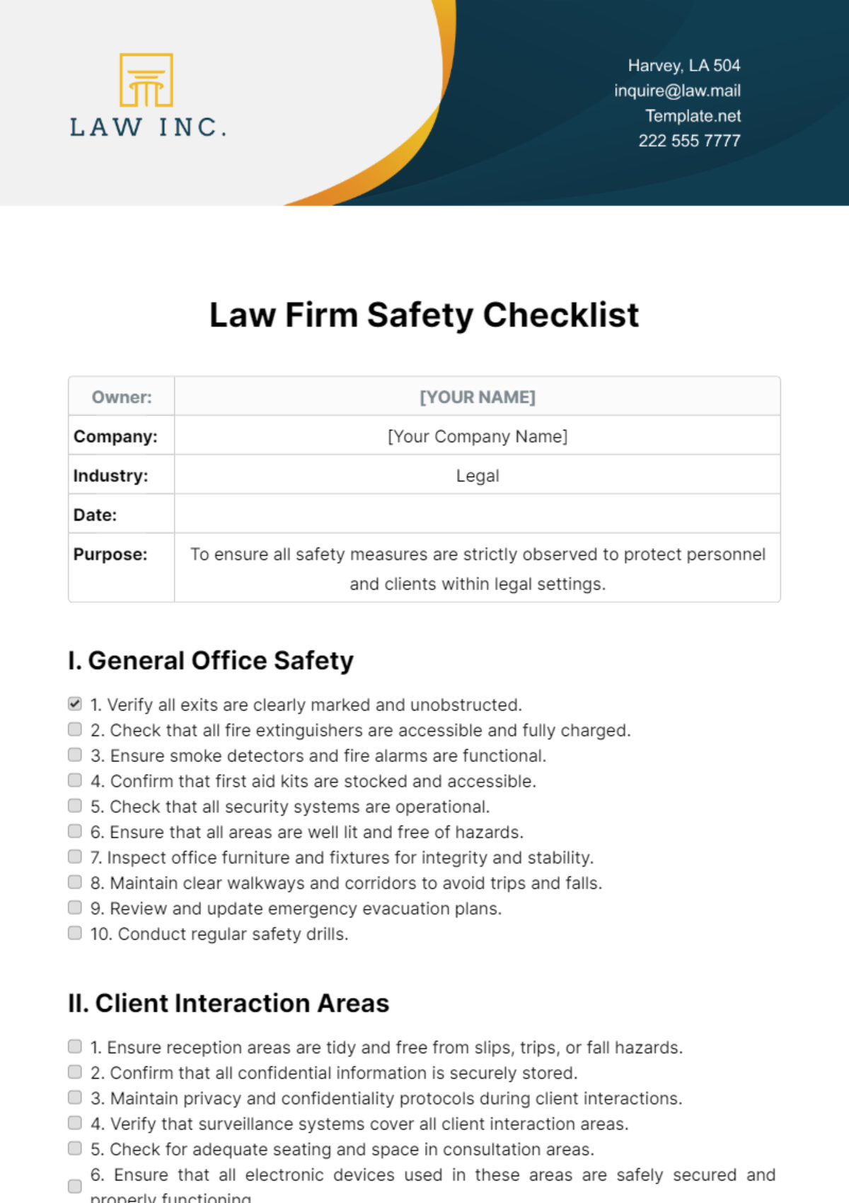 Law Firm Safety Checklist Template