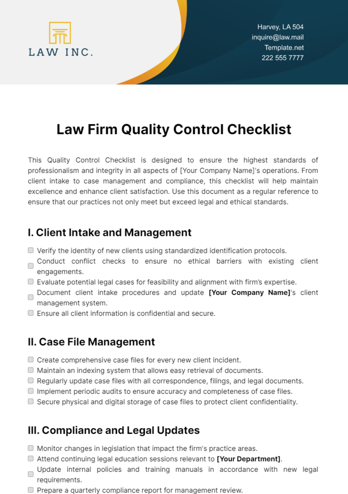 Law Firm Quality Control Checklist Template