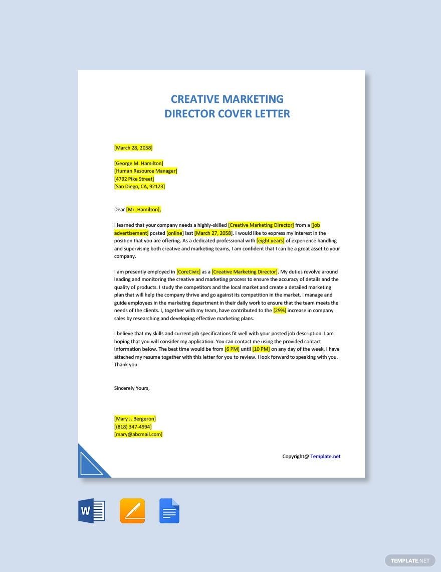 Free Creative Marketing Director Cover Letter Template