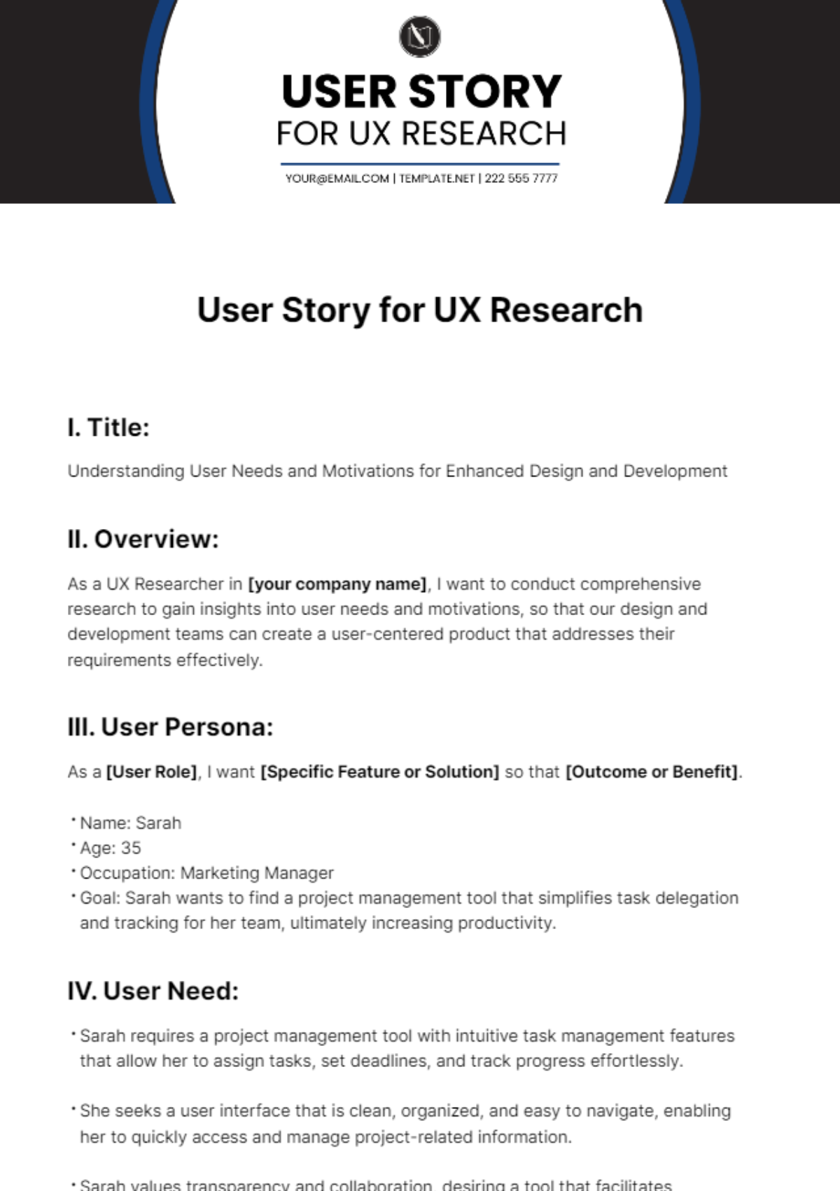 User Story For UX Research Template