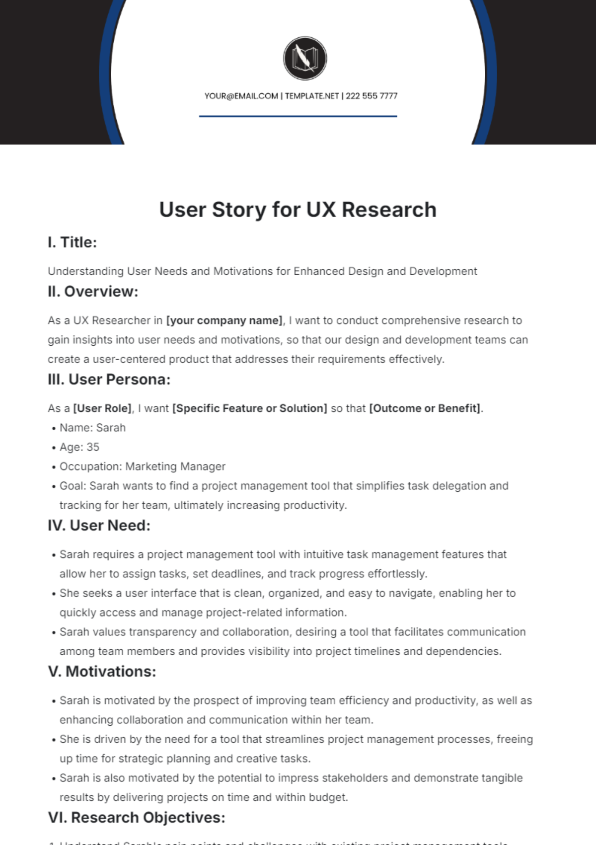 User Story For UX Research Template - Edit Online & Download