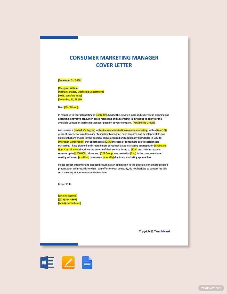 Free Consumer Marketing Manager Cover Letter Template