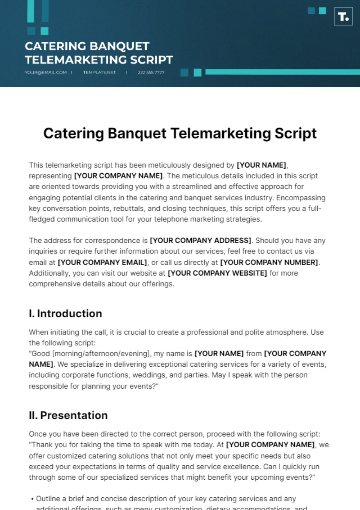 Free Catering Banquet Telemarketing Script Template