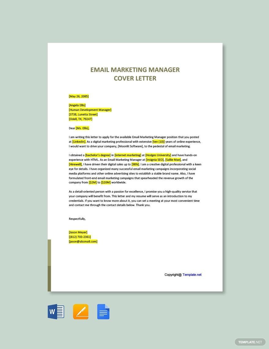 Email Marketing Manager Cover Letter Template