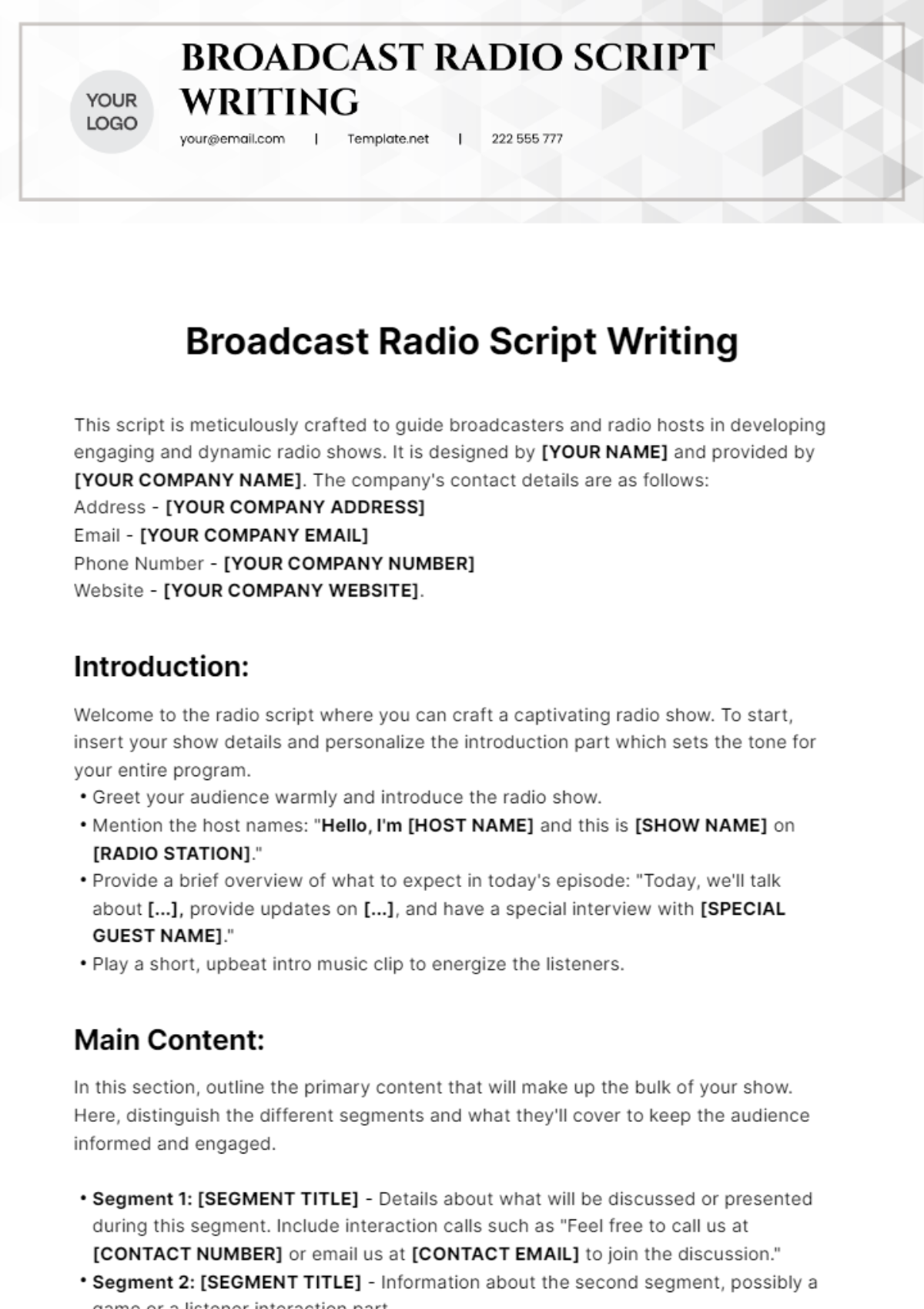 Broadcast Radio Script Writing Template