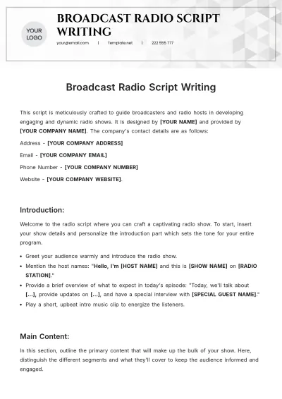 Free Broadcast Radio Script Writing Template to Edit Online
