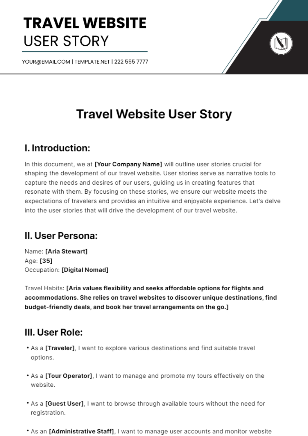 Free Travel Website User Story Template