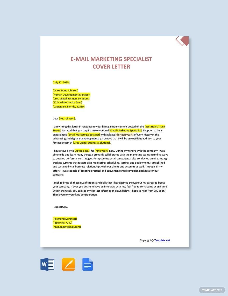 E-mail Marketing Specialist Cover Letter Template