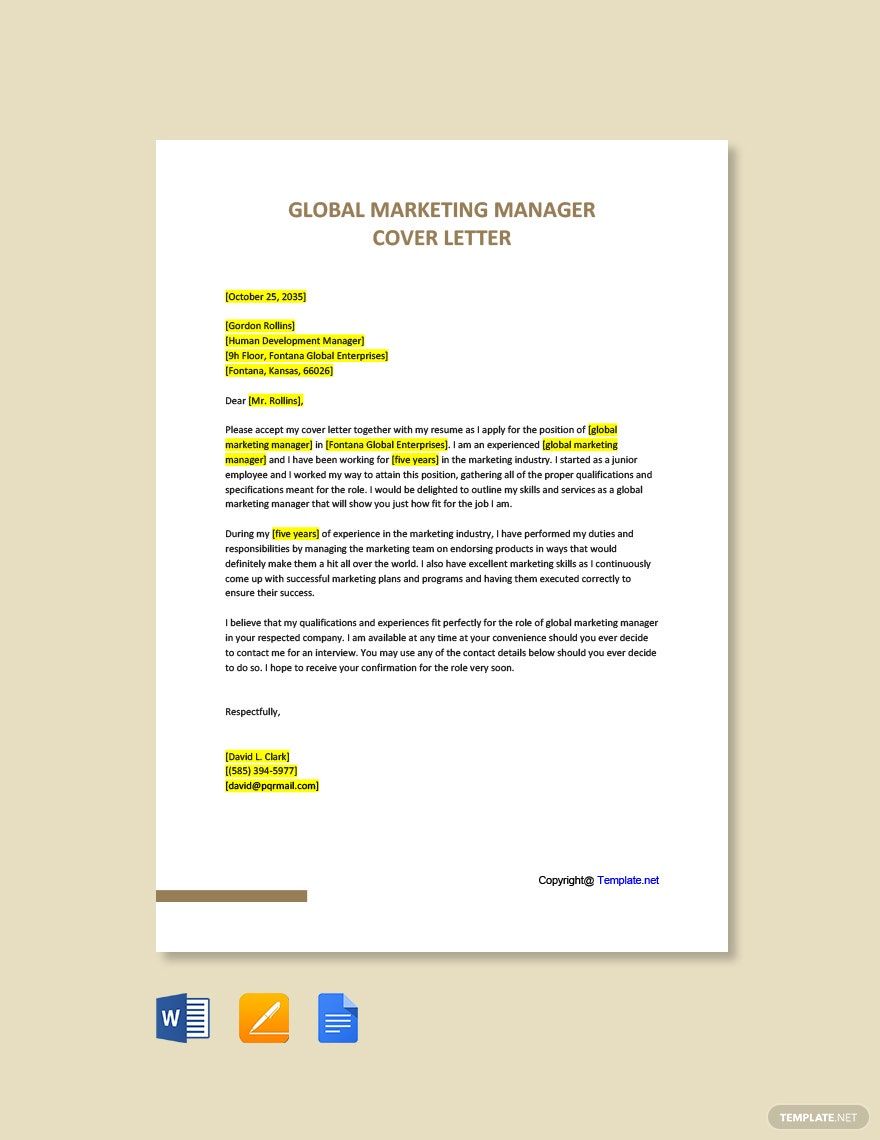 Free Global Marketing Manager Cover Letter Template